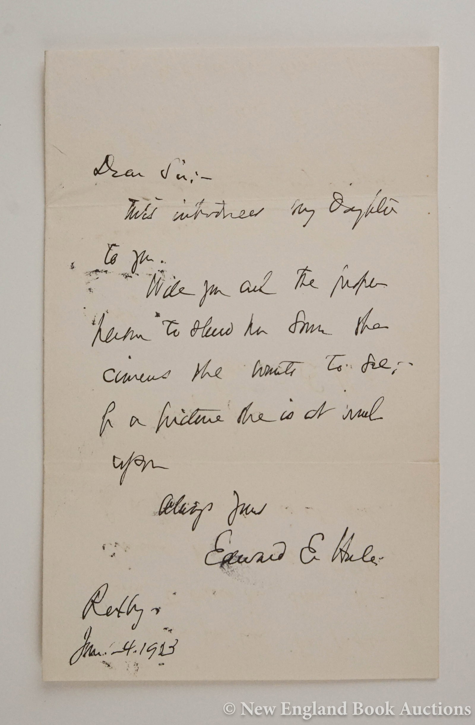 Hale, Edward Everett: 90. Hale, Edward Everett. Autograph Letter Signed, Edward E. Hale, requesting someone show his daughter an item that she is using for her paintings. 1 page. 8vo, conjugate blank; moderate wear. Np,