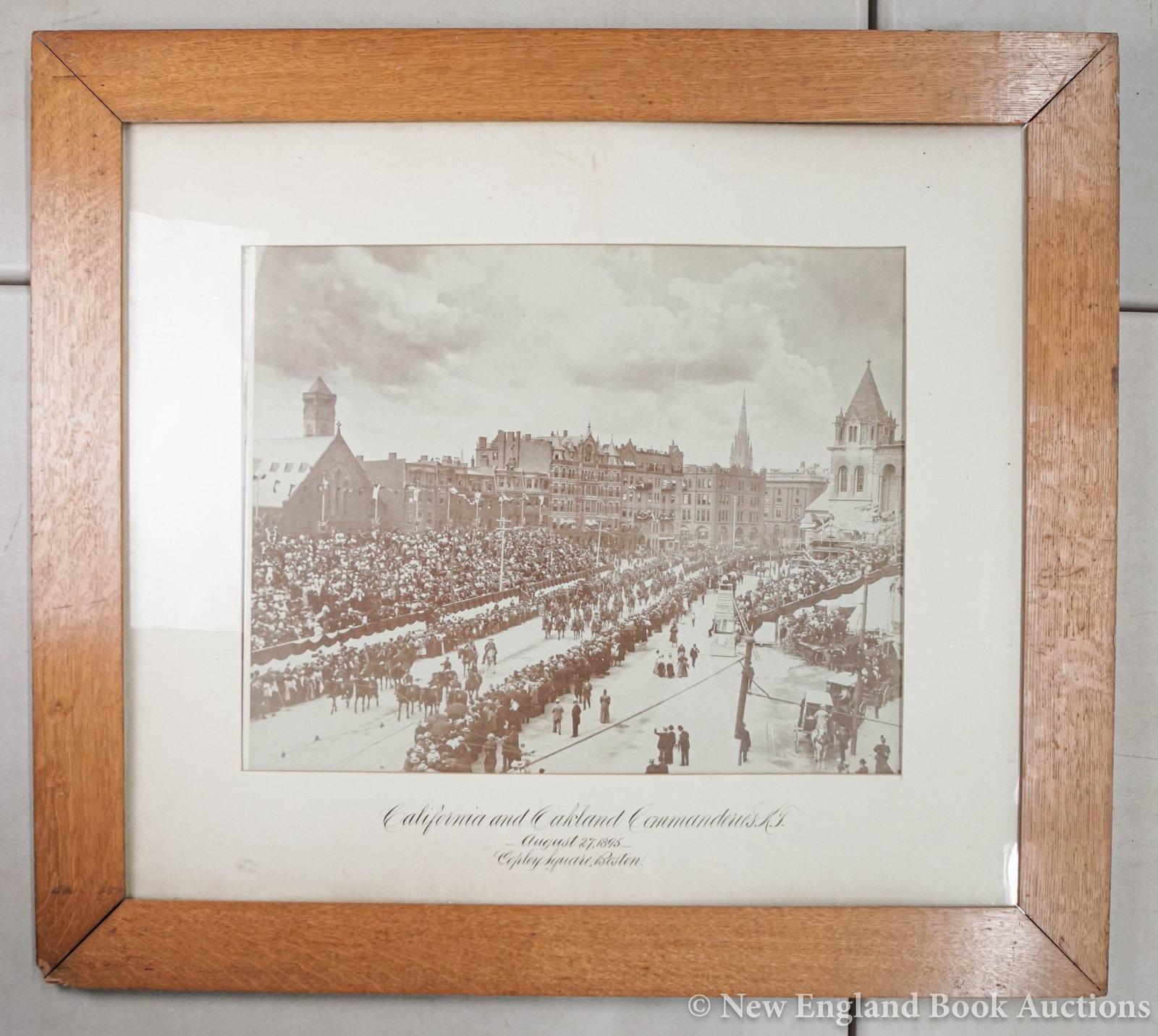 Knights Templar: 104. Knights Templar. California and Oakland Commanderies, K.T. Large albumen photograph of the parade. 17 x 21-1/2 inches, lettered mat, glass-fronted oak wooden frame provided; some soiling.