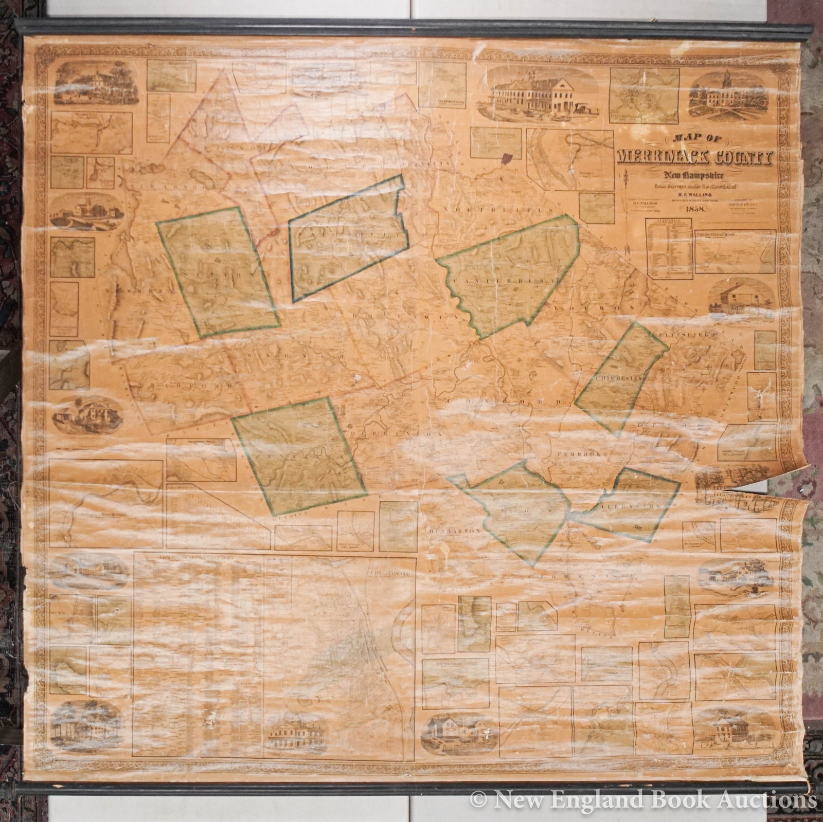 Maine: 114. Maine. Page, J. O.; & J. Chace. A Topographical Map of Androscoggin County, Maine. 54 x 55 inches, linen-backed, 2 wooden rollers (1 detached); left margin stained, some margins frayed, etc.