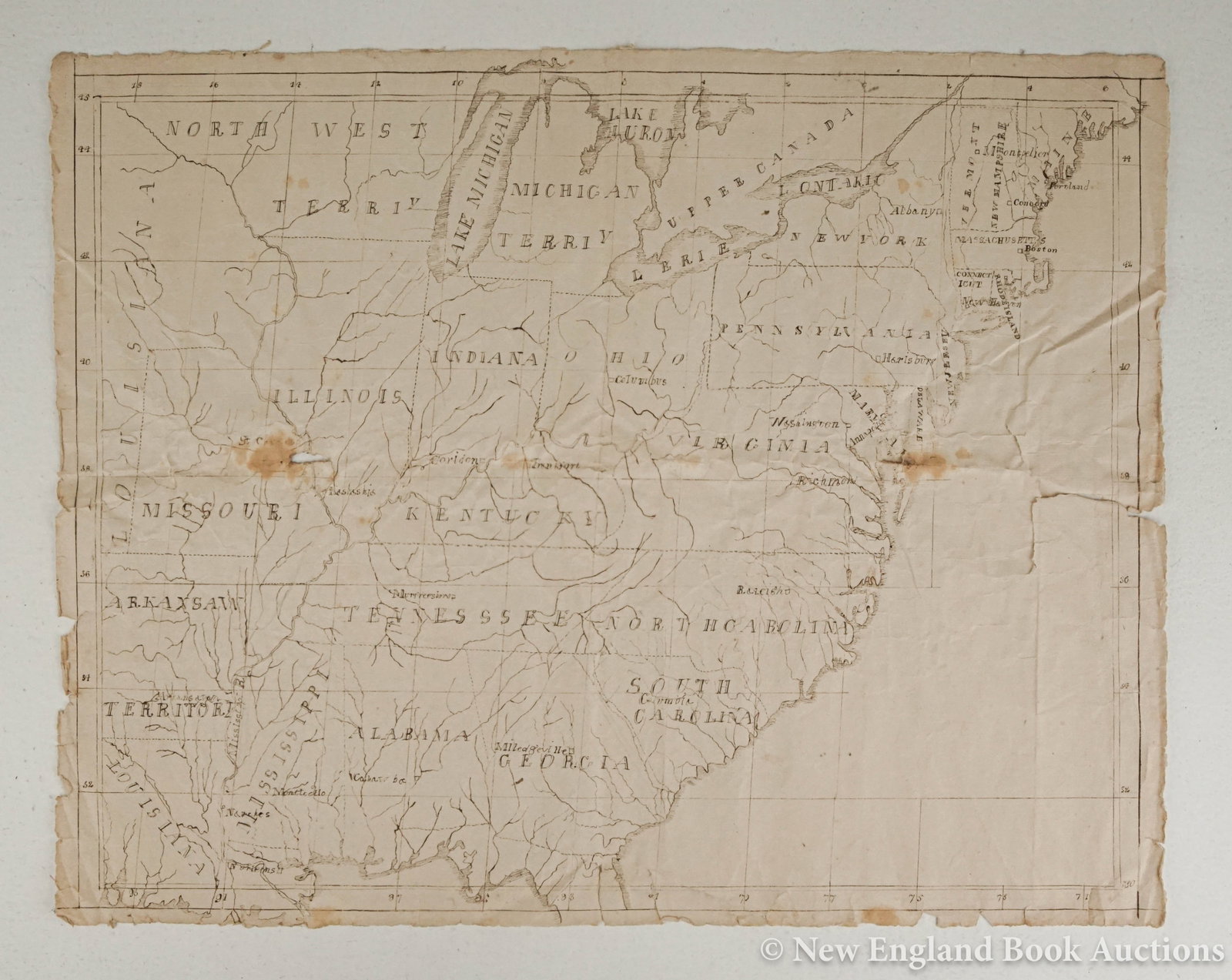 Manuscript: 115. Manuscript. Manuscript ink map of the United States. About 15-1/2 x 20 inches, margins frayed, some soiling, etc. American, Circa 1820s? [100/150]