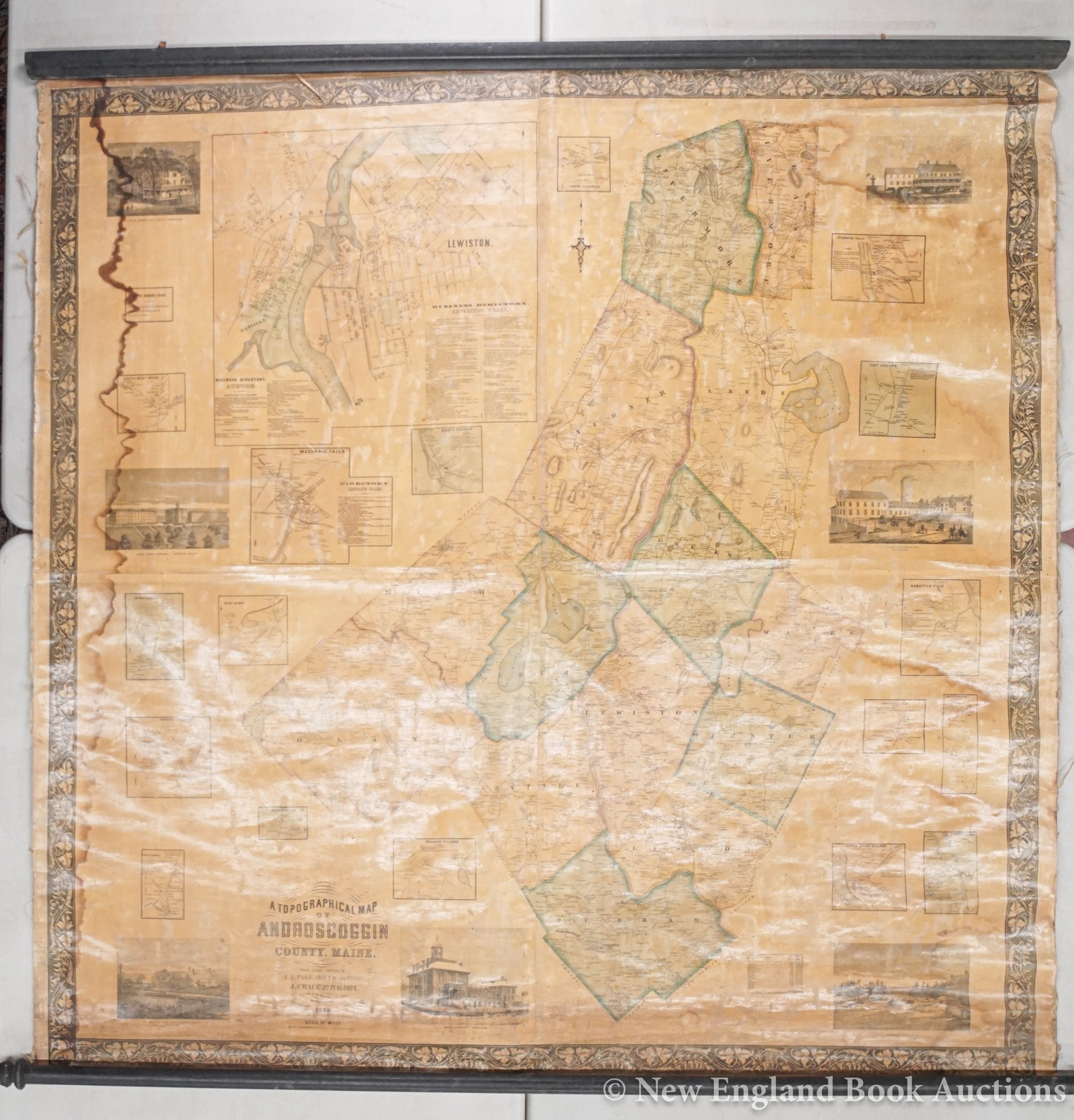 New Hampshire: 130. New Hampshire. Walling, H. F. Map of Merrimack County New Hampshire. 58 x 64 inches, linen-backed, wooden rollers; several margin tears, some chipping with loss, etc. New York, 1858 [250/350]