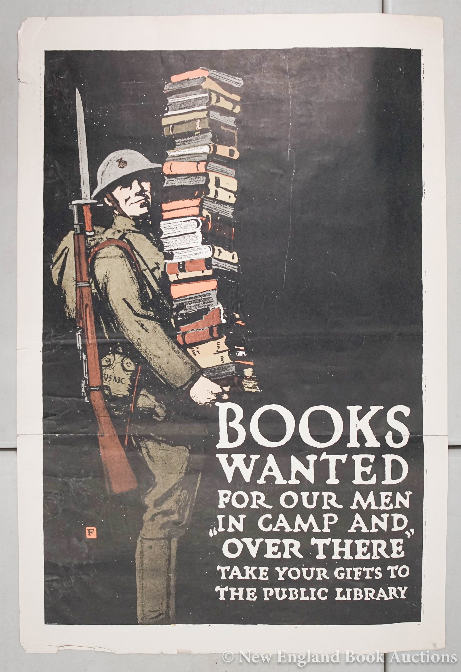 Poster: 142. Poster. Falls, Charles B. Books Wanted: For Our Men In Camp and Over There. 41-3/4 x 28 inches; two 7 inch tears, some chipping at margins. American, 1918 [100/150]