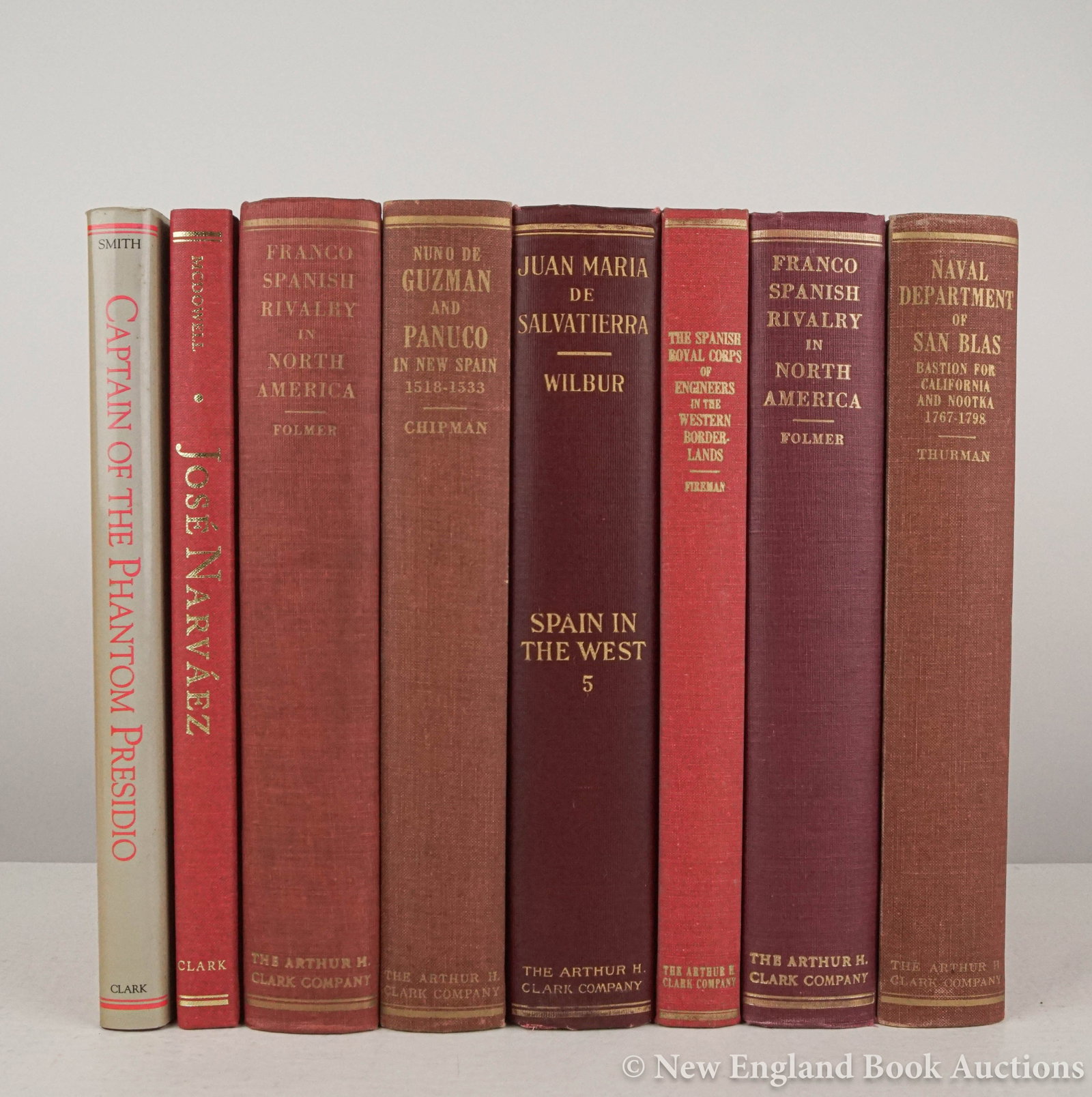 Spanish Southwest: 156. Spanish Southwest. Group of 8 volumes. Illustrated. 8vo, cloth; moderate wear. Cleveland or Spokane: Arthur H. Clark, vd [200/300] Includes: Folmer. Franco-Spanish Rivalry in North America.