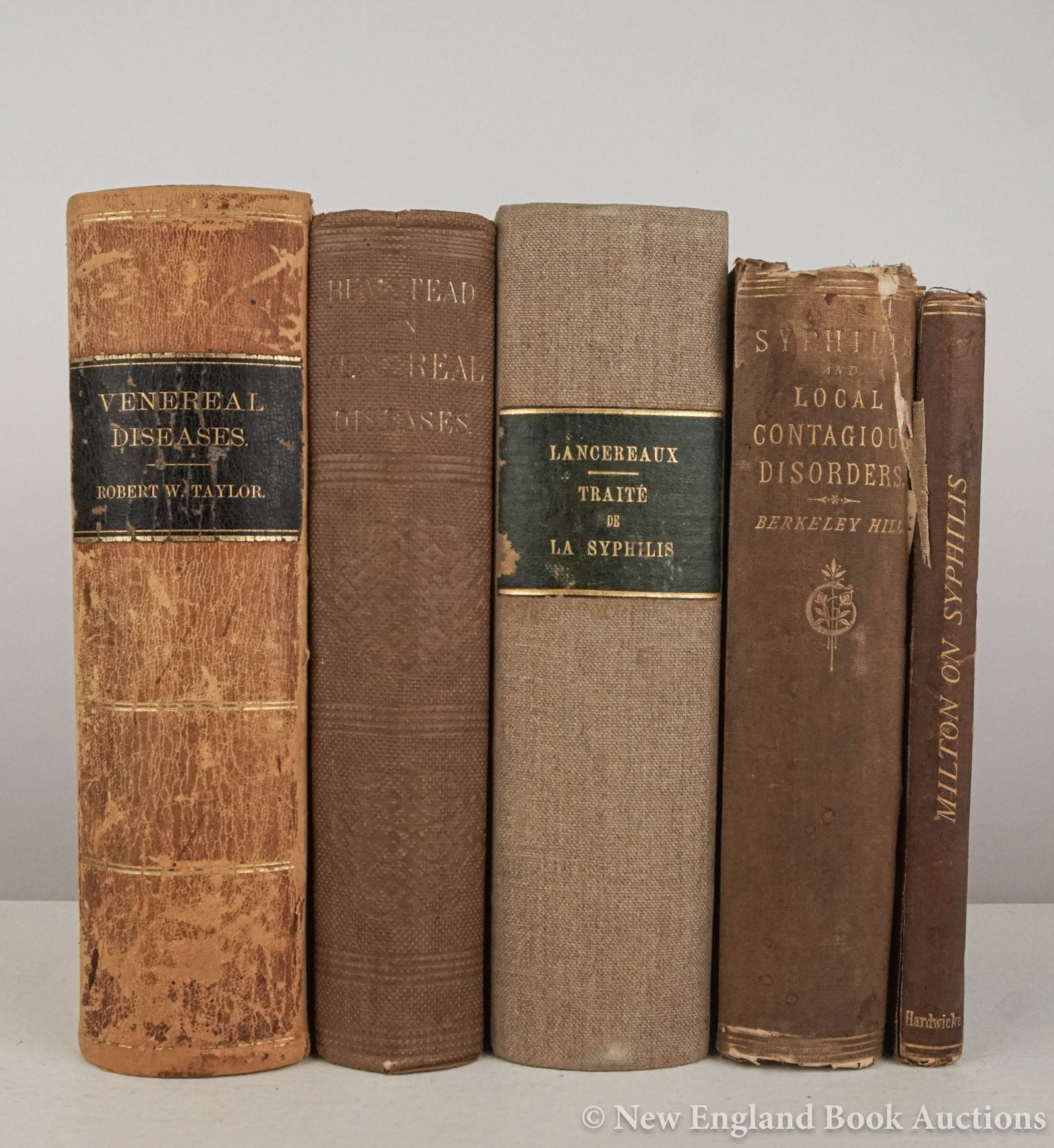 Syphilis: 160. Syphilis. Group of 5 volumes, as listed below. Most illustrated. 8vo, various bindings; shelf-wear, last joints chipped with loss, some foxing. Vp, vd [200/300] Bumstead. Pathology and Treatment