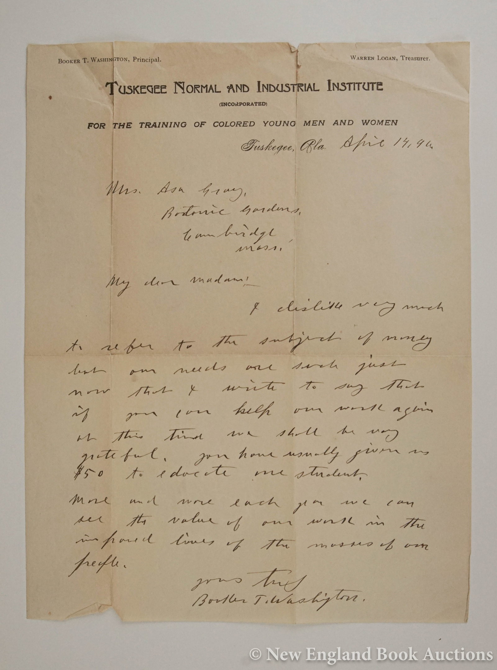 Washington, Booker T: 171. Washington, Booker T. Autograph Letter Signed, to Mrs. Asa Gray requesting a donation. 1 page. 4to, Tuskegee Normal and Industrial Institute letterhead; creased, 1 margin tear. Tuskegee, AL,