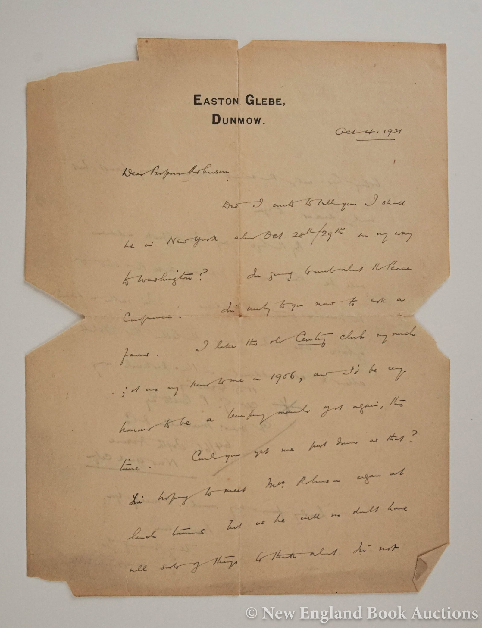Wells, H. G: 174. Wells, H. G. Autograph Letter Signed, H. G. Wells, to Professor [James Harvey] Robinson, regarding his membership in the Old Century Club and details of his new address. 2 pages. 4to, Dunmow lett