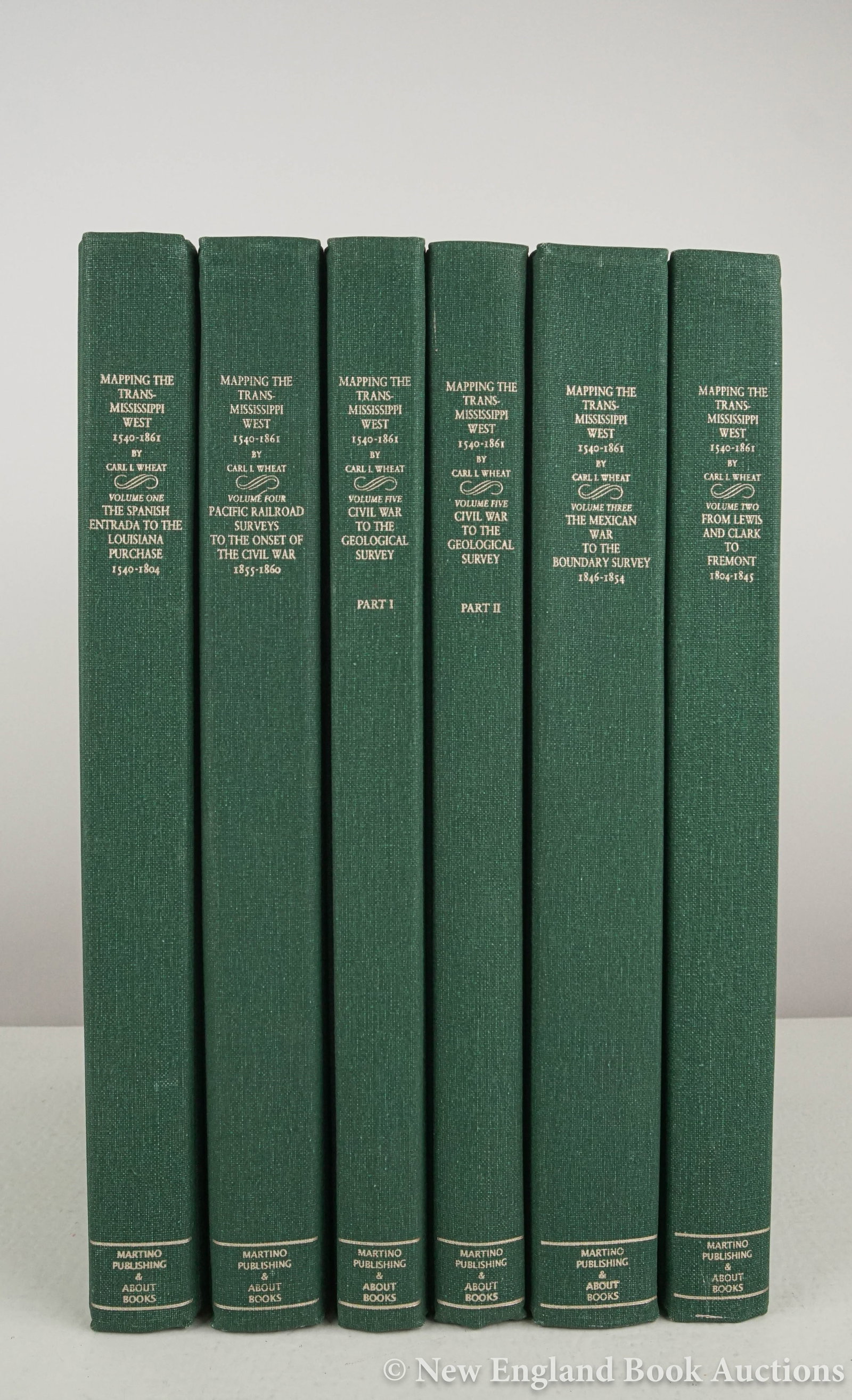 Wheat, Carl I: 175. Wheat, Carl I. Mapping the Transmississppi West. A profusion of plates, some folding. 5 volumes bound in 6. Small folio, cloth; moderate wear, slightly bowed. Storres-Mansfield, CT: Martino, nd