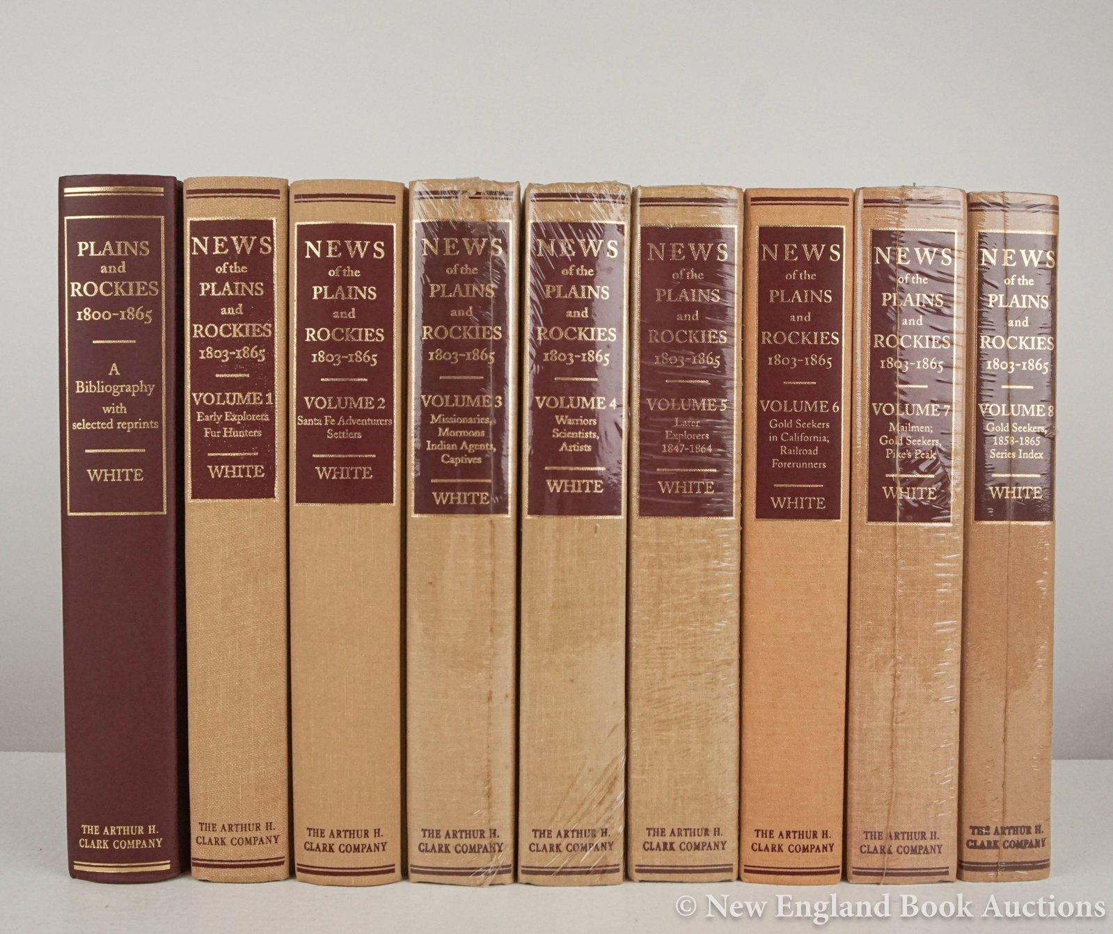 White, David A: 176. White, David A. News of the Plains and Rockies 1803-1865. Illustrated. 9 volumes, including supplemental bibliography. 4to, cloth; light wear. Spokane: The Arthur H. Clark Company, 1996-2001