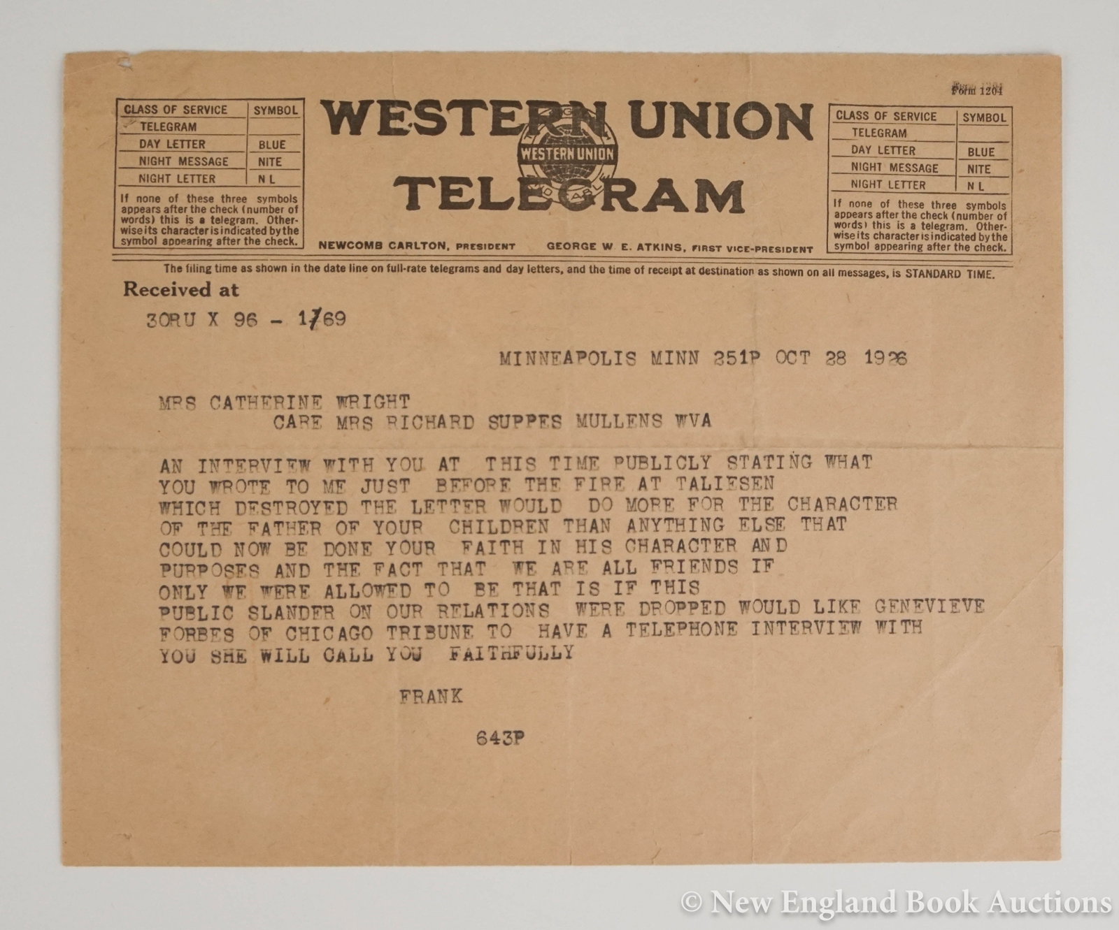 Wright, Frank Lloyd: 185. Wright, Frank Lloyd . Telegram to Catherine Wright. Size 6-1/2" x 8"; light wear, creased at folds. Minneapolis, October 28, 1926 [80/120] "MRS CATHERINE WRIGHTCARE MRS RICHARD SUPPES MULLENS