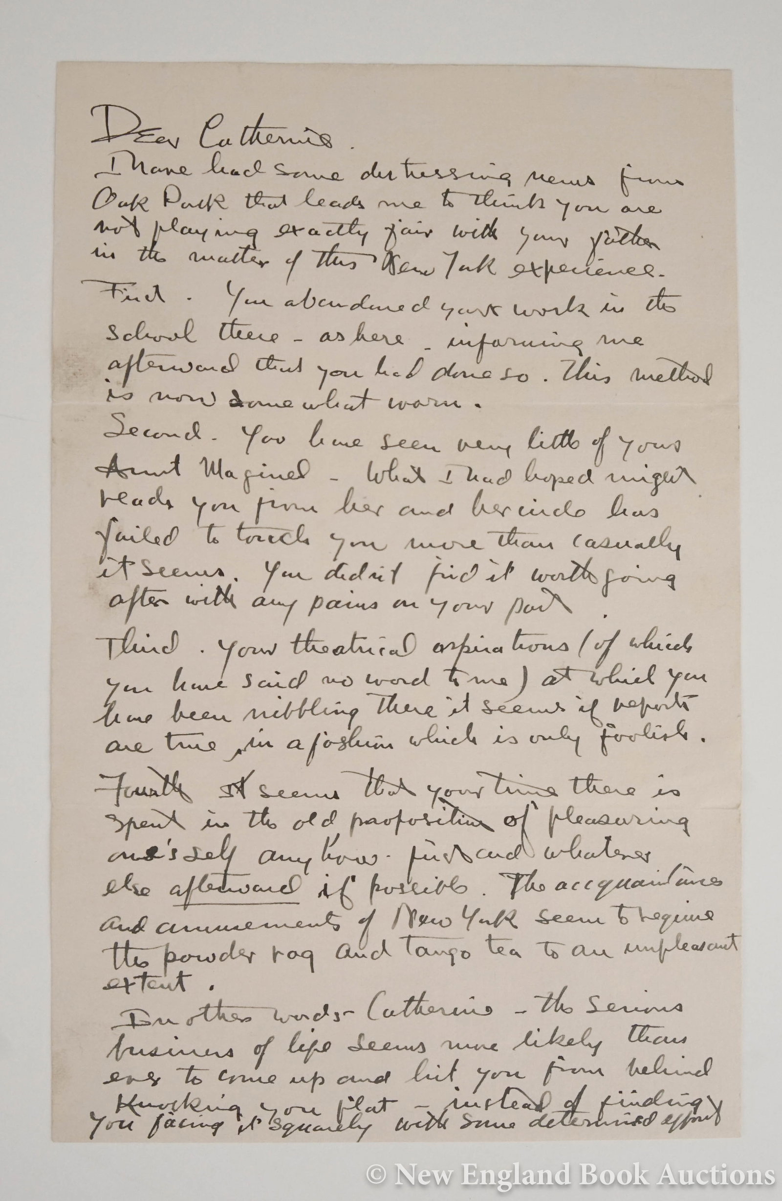 Wright, Frank Lloyd: 186. Wright, Frank Lloyd . Autograph Letter Signed "Father" to his daughter Catherine expressing his disappointment in her "theatrical aspirations". 8vo. 3 pages written on the recto only, includes