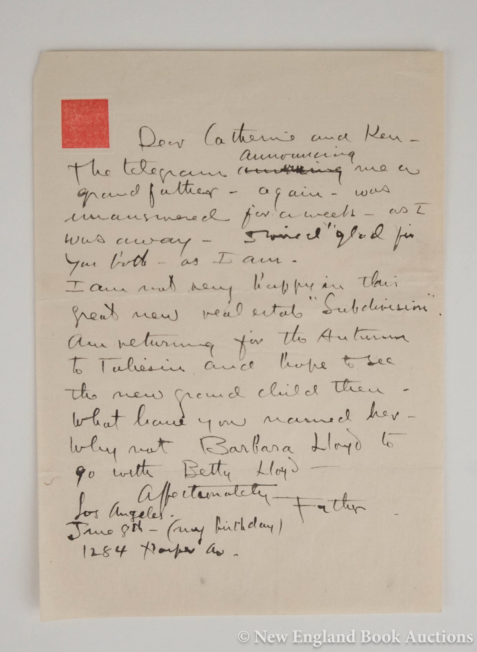 Wright, Frank Lloyd: 187. Wright, Frank Lloyd. Autograph Letter Signed "Father" to his daughter Catherine and her husband Kenneth congratulating them on their new child. 8vo. Written on a single folded sheet of Taliesin
