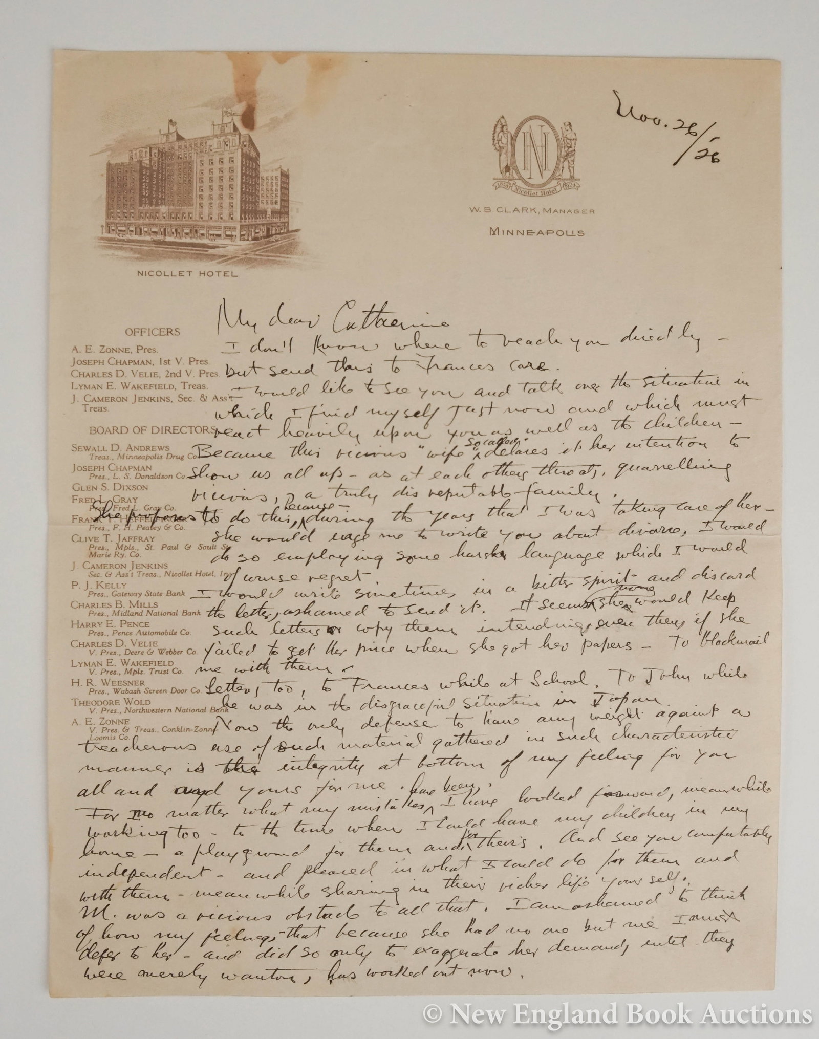 Wright, Frank Lloyd: 191. Wright, Frank Lloyd . Autograph Letter Signed "Frank" to his first wife Catherine asking her to defend his character. 4to, 4 page written on single side of Nicollet Hotel stationary; light wear, 