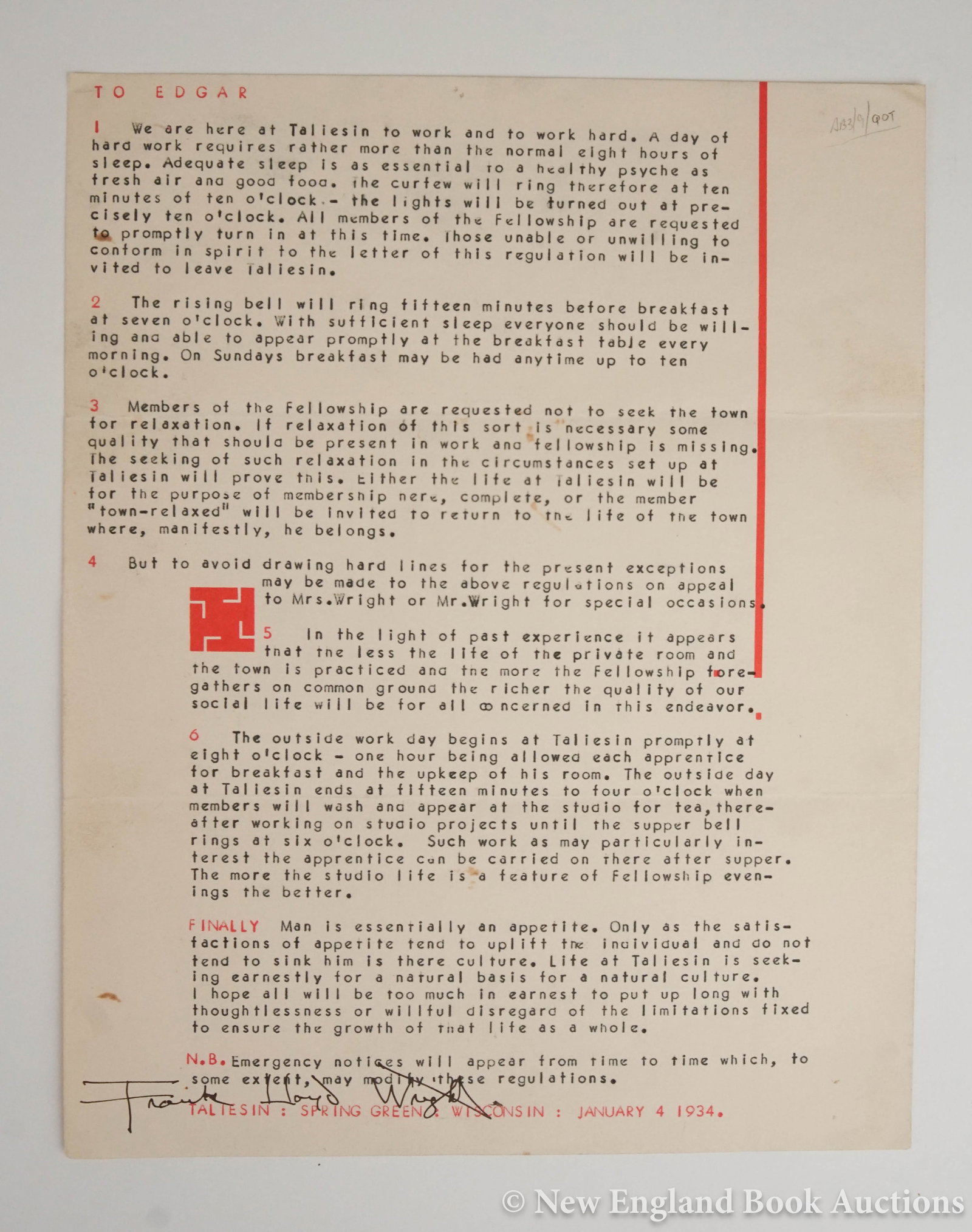 Wright, Frank Lloyd: 192. Wright, Frank Lloyd . Typed Letter Signed "Frank Lloyd Wright" to Edgar Tafel discussing the rules and regulations at Taliesin. 4to, single sheet written on one side of Taliesin stationery; light