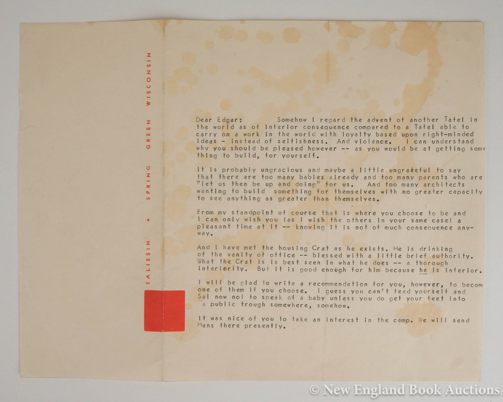 Wright, Frank Lloyd: 193. Wright, Frank Lloyd . Typed Letter Signed "F. LL. W" to Edgar Tafel written in response to Tafel's request for a recommendation, offers a rare glimpse of Wright's personal opinions and views on
