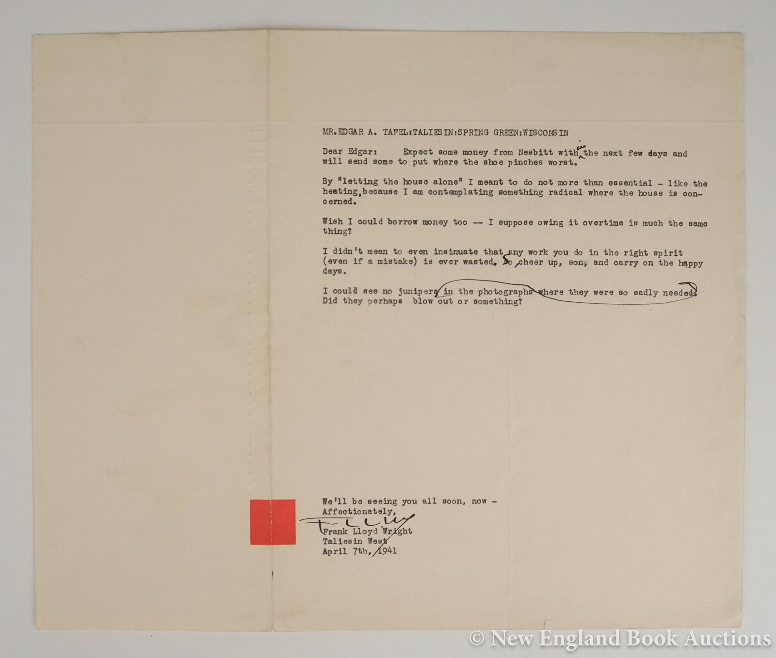 Wright, Frank Lloyd: 195. Wright, Frank Lloyd . Typed Letter Signed "F. LL. W" to Edgar Tafel concerning two projects which Tafel was then supervising. 4to, written on single side of Taliesin stationary, with holograph an