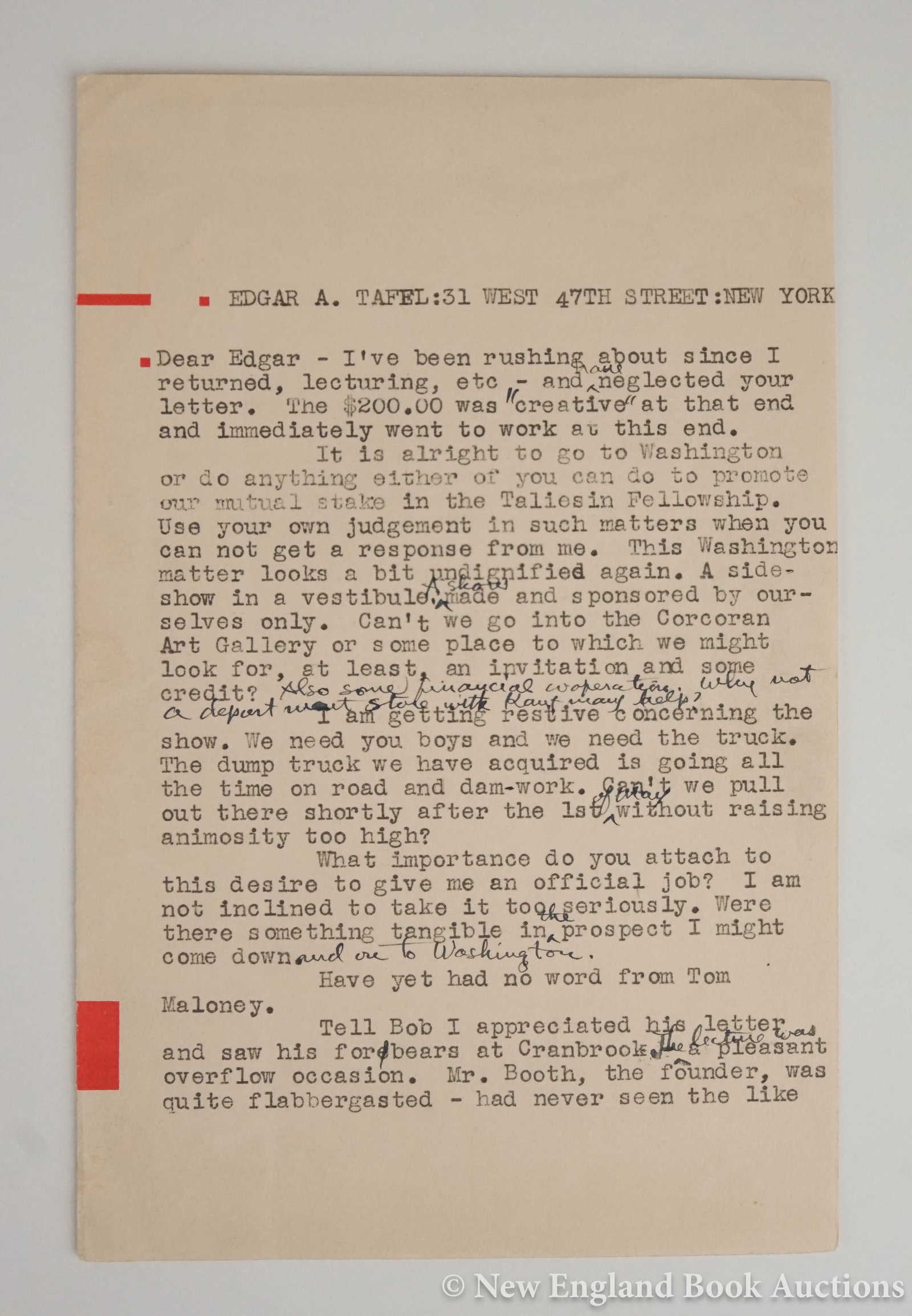 Wright, Frank Lloyd: 196. Wright, Frank Lloyd . Typed Letter Signed "Frank Lloyd Wright" to Edgar Tafel discussing various things. 8vo, 1-1/2 pages written on a single sheet of Taliesin stationary, with holograph annotati