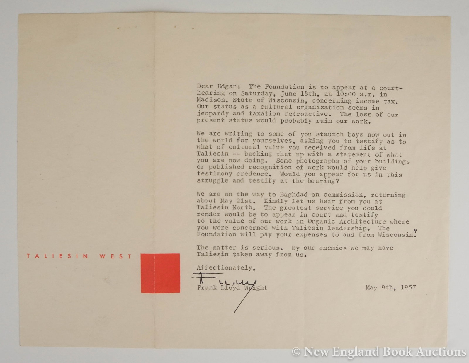 Wright, Frank Lloyd: 197. Wright, Frank Lloyd . Typed Letter Signed "F. LL. W" to Edgar Tafel requesting testimony to the cultural value of his foundation due to Wright's not-for-profit status being rescinded. 4to, writte