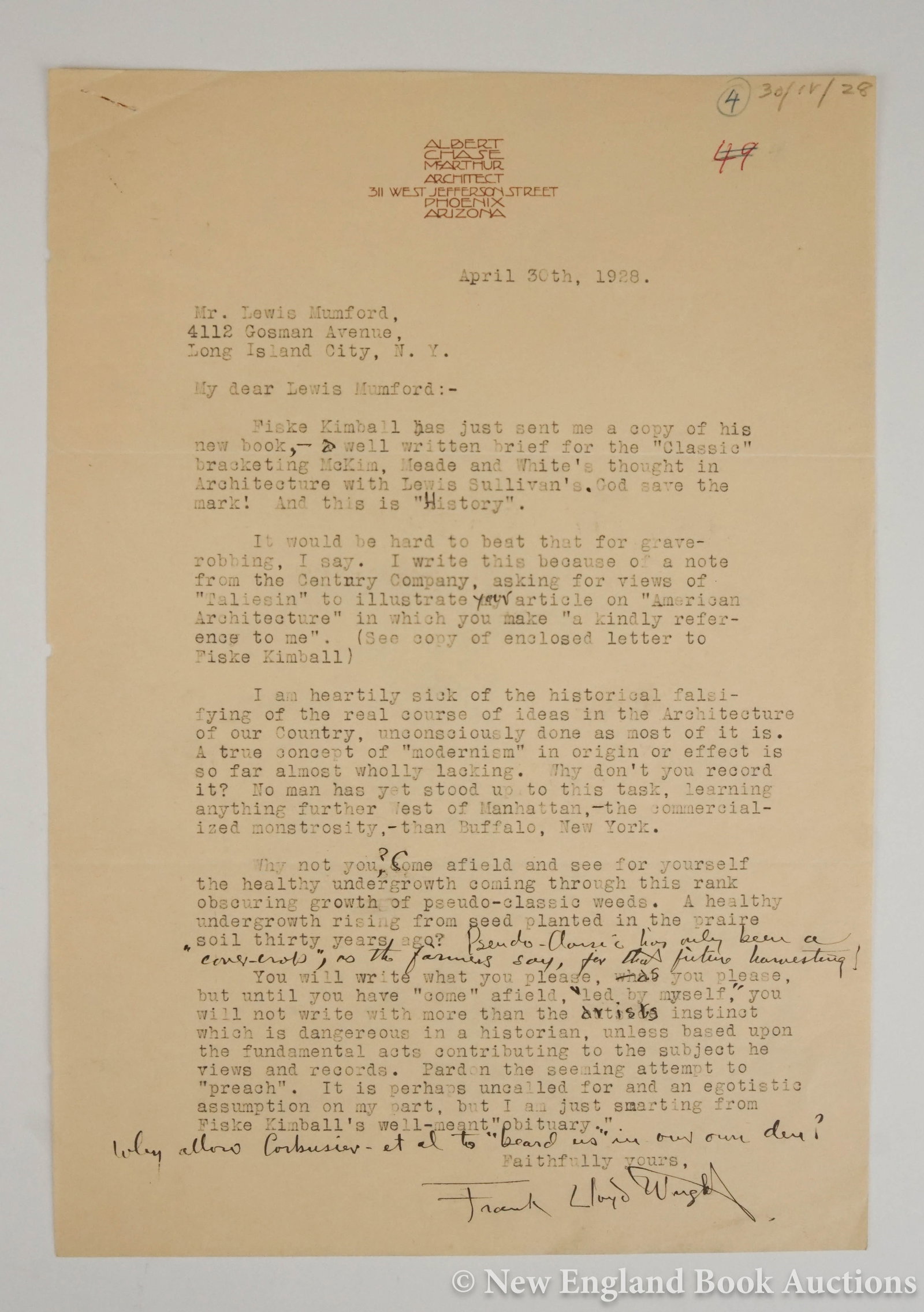 Wright, Frank Lloyd: 203. Wright, Frank Lloyd. Typed Letter Signed "Frank Lloyd Wright" to Lewis Mumford advising Mumford on his approach to writing about architecture. 4to, written on a single side of Albert Chase