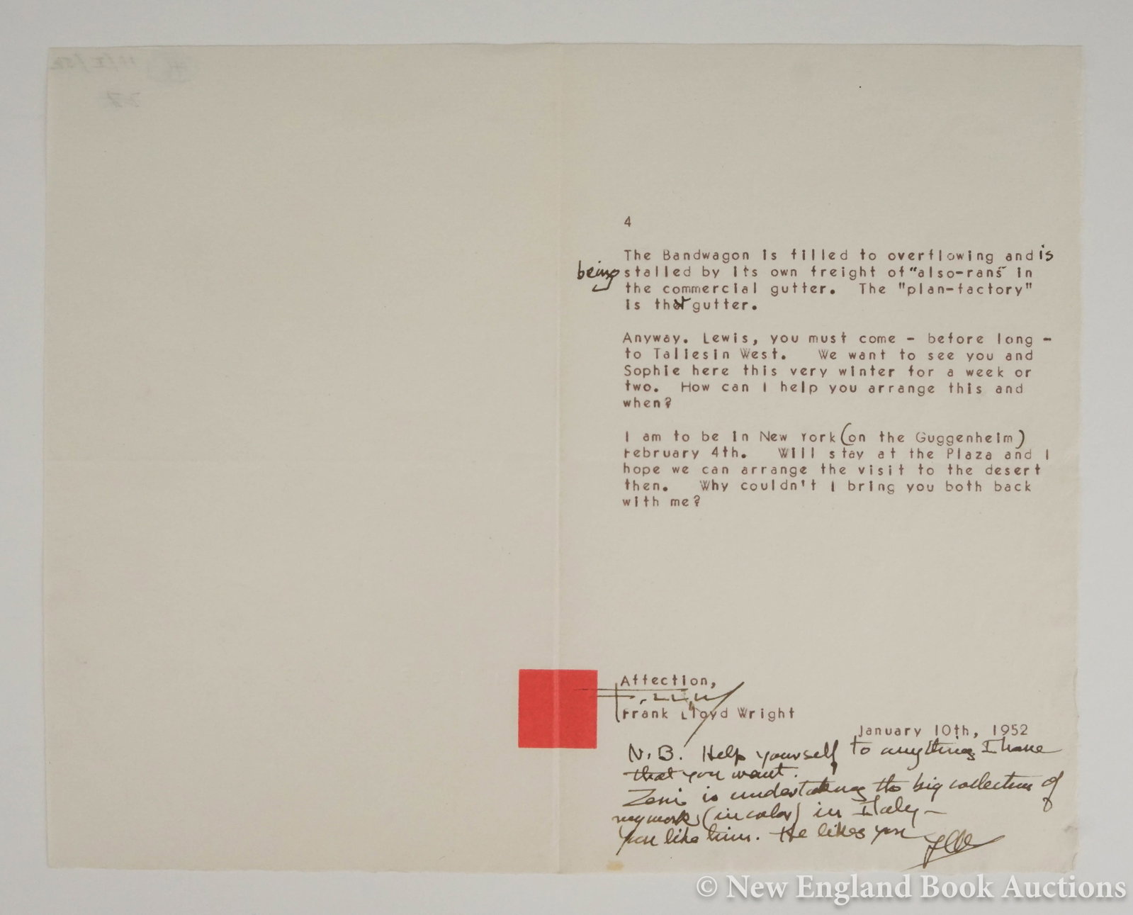 Wright, Frank Lloyd: 204. Wright, Frank Lloyd. Typed Letter Signed "F. LL. W" to Lewis Mumford asking Mumford to visit. 8vo, written on single side of embossed Taliesin stationary, with holograph postscript; light wear,