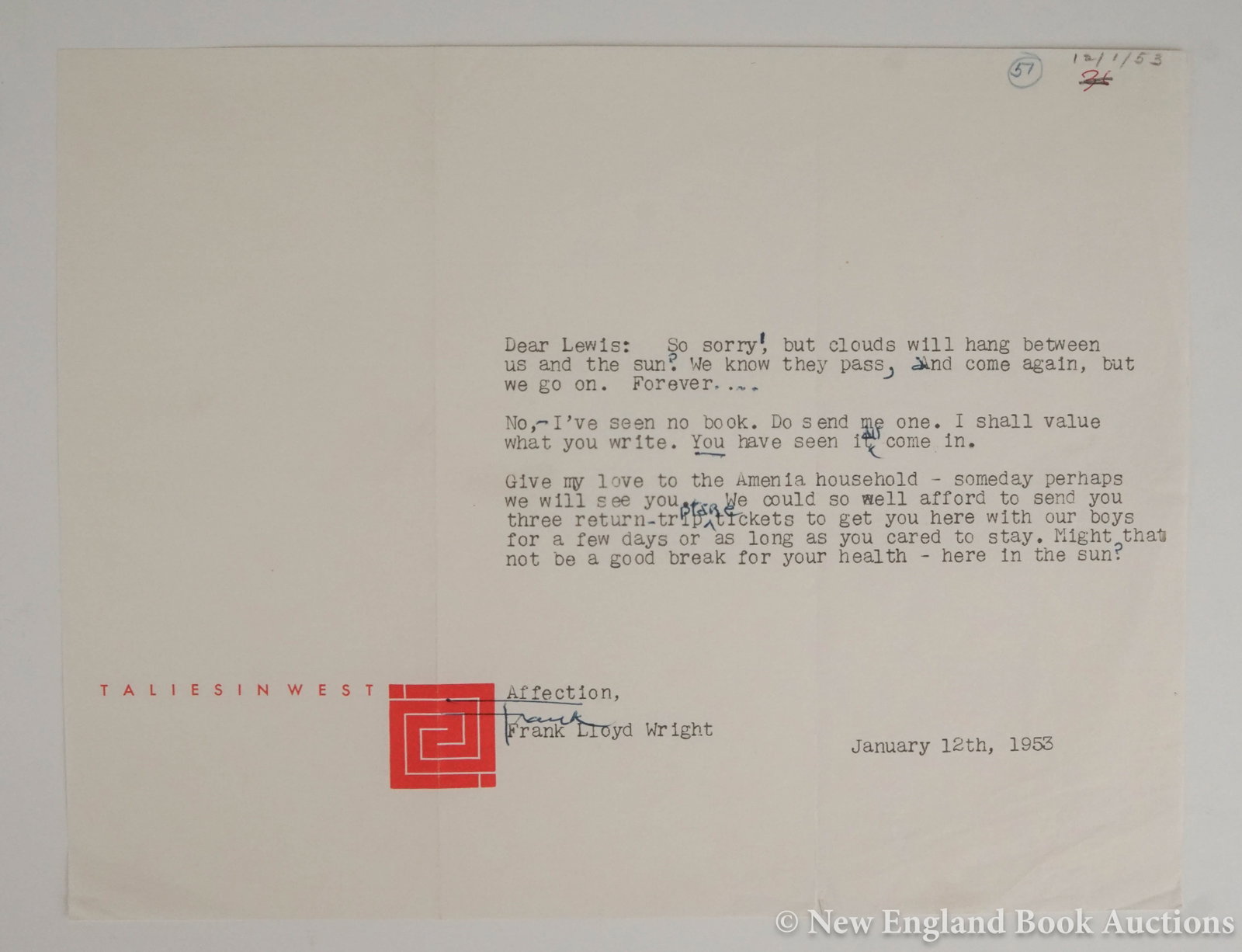 Wright, Frank Lloyd: 206. Wright, Frank Lloyd. Typed Letter Signed "Frank" to Lewis Mumford requesting a book and a visit. Oblong 4to, written on single side of Taliesin West stationary, with holograph corrections; light
