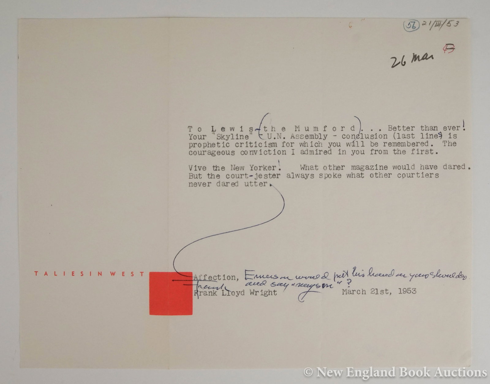 Wright, Frank Lloyd: 207. Wright, Frank Lloyd. Typed Letter Signed "Frank" to Lewis Mumford requesting a book and a visit. Oblong 4to, written on single side of Taliesin West stationary, with holograph corrections and