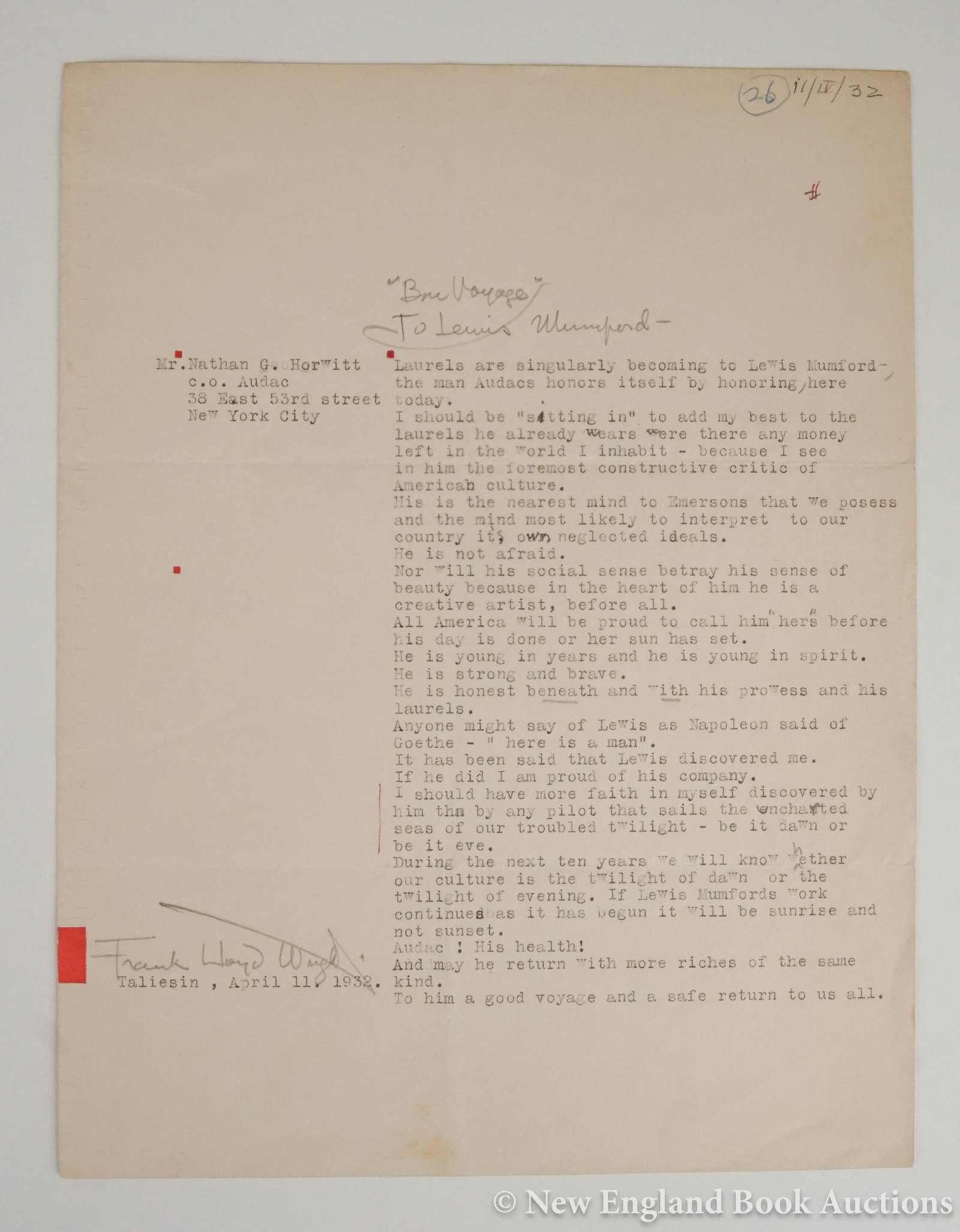 Wright, Frank Lloyd: 209. Wright, Frank Lloyd. Typed Letter Signed "Frank Lloyd Wright" in pencil to Lewis Mumford. The letter is a duplicate of a letter to Nathan G. Horwitt, prepared by Wright and sent to Mumford for