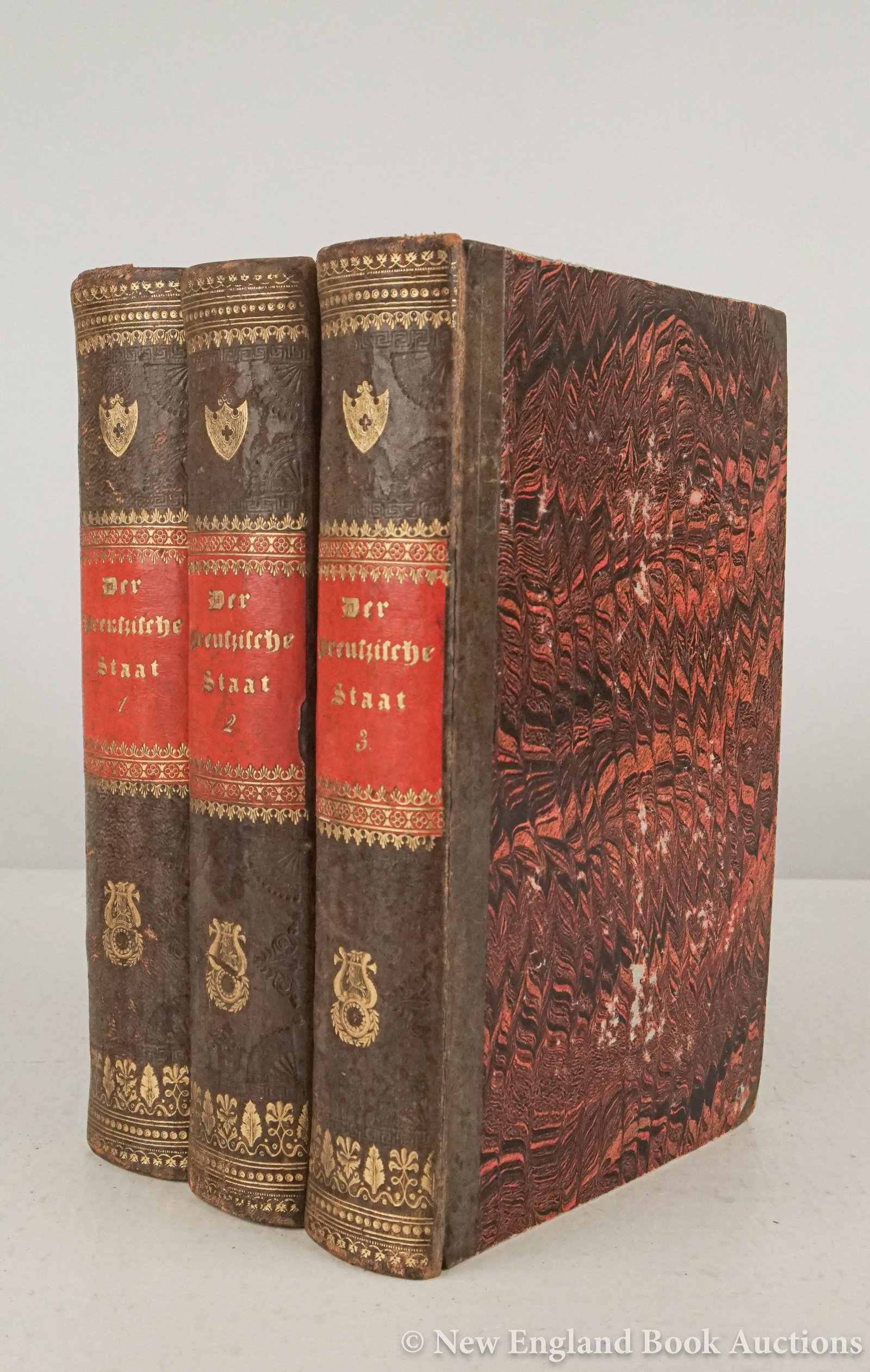 Zedlitz-Neukirch, Leopold von: 215. Zedlitz-Neukirch, Leopold von. Der Preussische Staat In Allen Seinen Beziehungen. 3 volumes. 8vo, contemporary gilt-decorated leather-backed boards; moderate wear, ink ex-libris stamp on free