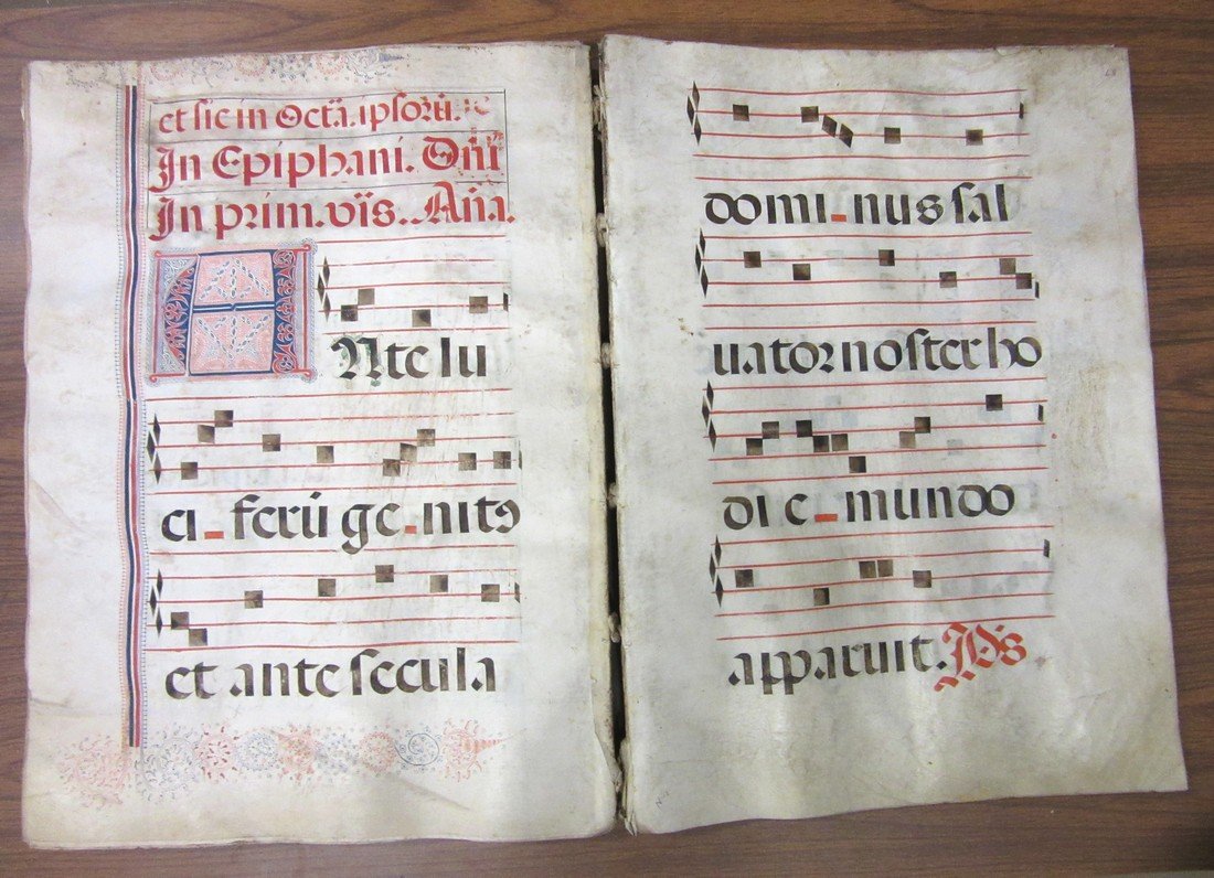 MISSAL. Manuscript in clear Gothic bookhand. Forty-five: MISSAL. Manuscript in clear Gothic bookhand. Forty-five 4-1/2 x 3-1/4 inch initials in red and blue calligraphic and geometric penwork, some with flourishing vines extending into the margins, three 4-