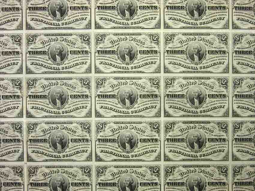 Uncut sheet of US Fractional Currency: Uncut sheet of 25. Third Series 3 cent fractional currency. Light Background behind Washington's image. Light wear.
