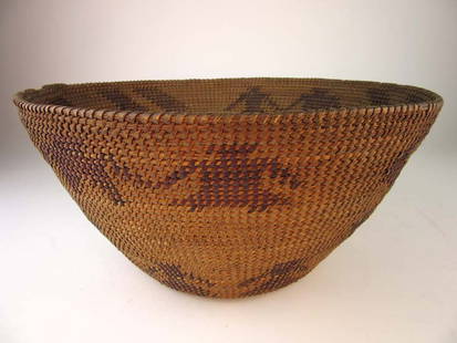 Coiled Native American Basket: Fine coiled native american basket with California mission elements.