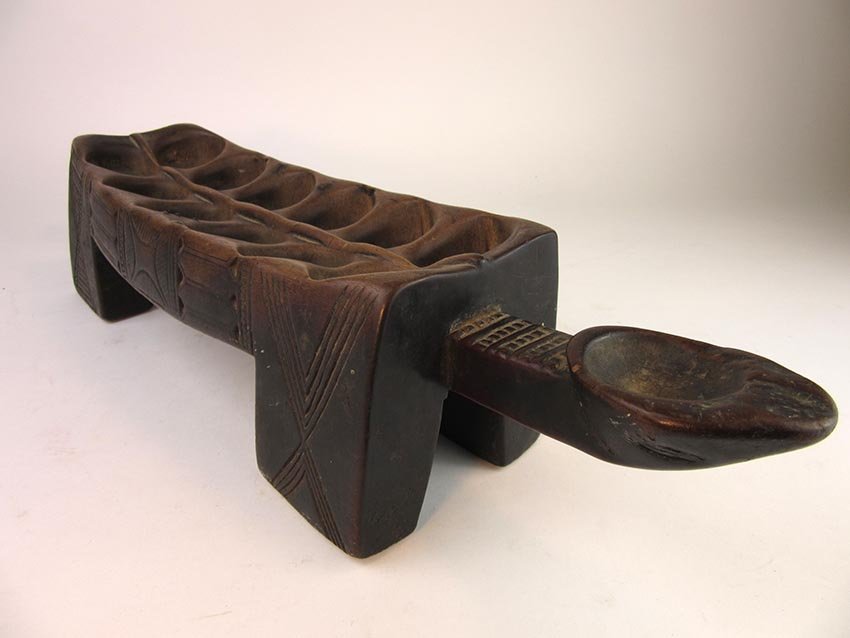 Carved Wooden African Mancala: Early carved wooden African game. 2 rand Mancala.