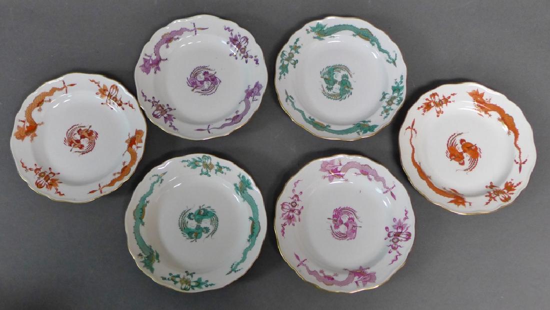 Meissen Porcelain Dragon Plates: Collection of 6 stunning plates with gold accents and scalloped edges. Salad/ dessert / luncheon plates. Blue crossed swords maker mark on bottom of each. Width: 6 3/4" (porcelain, collectible, decora