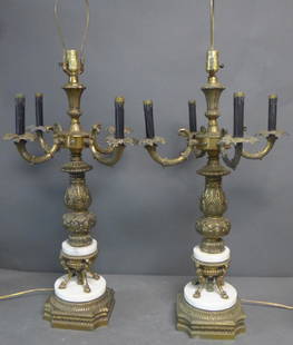 Pair Victorian Candelabras Electrified as Lamps: Patinated spelter and marble lamps. Each has 4 candelabra arms and top central light. Height up to center socket: 31", Width: 18". imperfections. (vintage, antique, lighting, interior design)