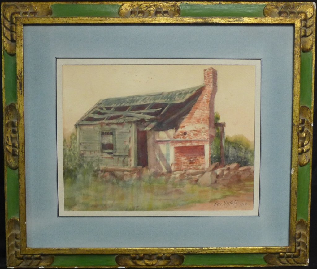 Clara Maxfield, American (1879 - 1959): Dilapidated wood and brick cottage. Early 20th Century landscape watercolor on paper, signed and dated bottom right: Clara Maxfield 1914. Height:16", Width: 18 1/2" & Image Size: Height: 8 5/8", Width