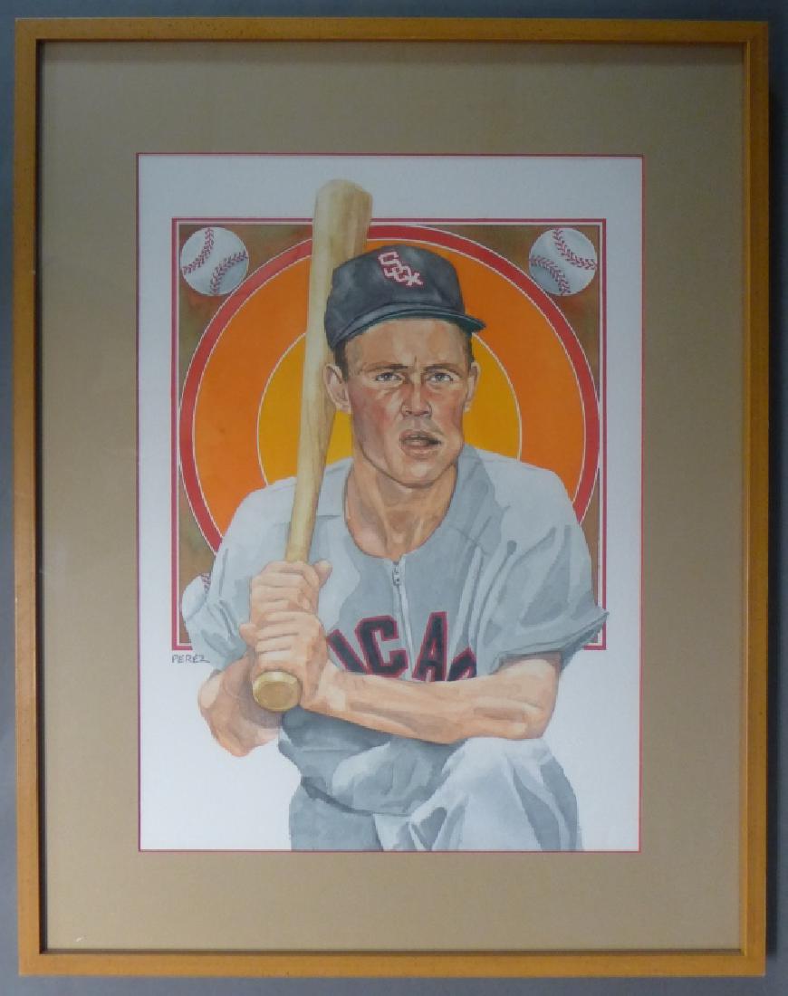 Watercolor of Nellie Fox by Artist Dick Perez: From the collection of Hall of Fame Sports Writer, Bill Madden. This lot is accompanied by a handwritten letter of provenance from Bill Madden. Dick Perez, American (1940- ) is an artist known for his