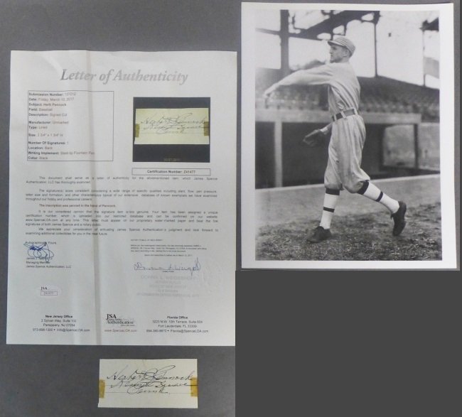 Hall of Famer Herb Pennock Signed Cut w/ JSA & Photo (1 of 7)