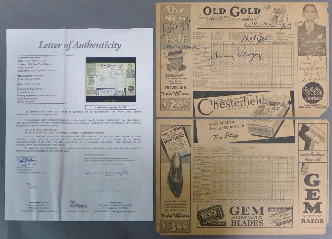 1934 New York Giants Multi Signed Scorecard w/ JSA (1 of 9)