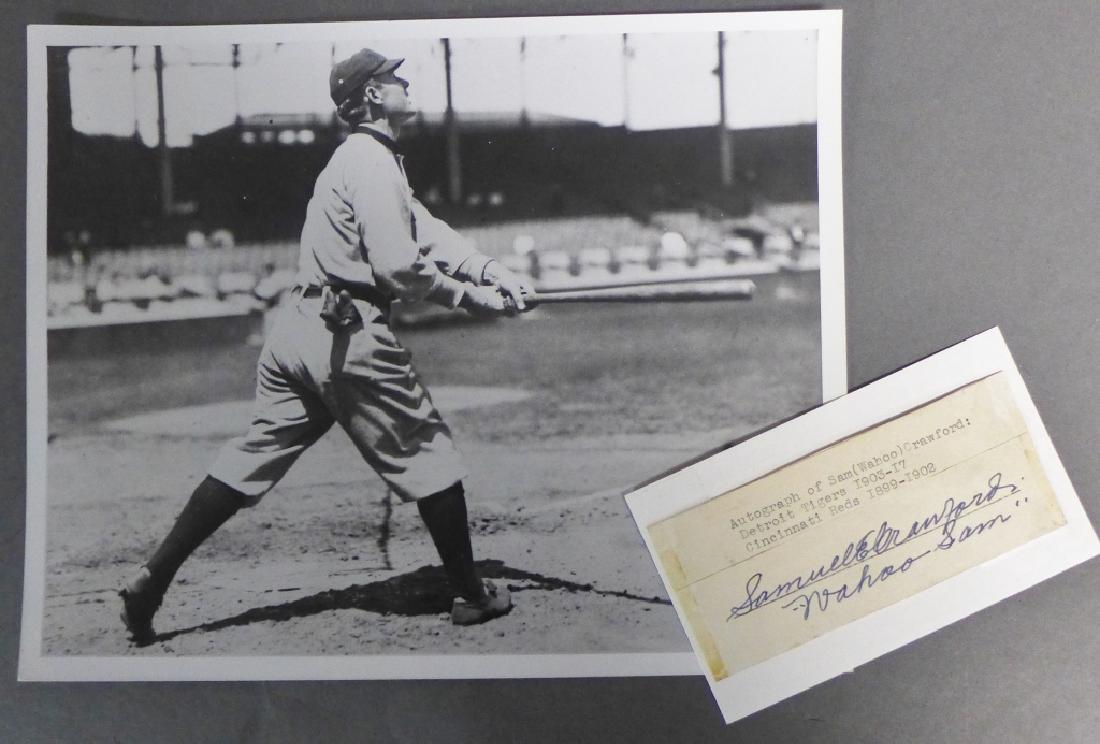 Hall of Famer Wahoo Sam Crawford Autographed 3x5 Card: From the collection of Hall of Fame Sports Writer, Bill Madden. Samuel Earl "Wahoo Sam" Crawford mounted autographed cut. This lot is accompanied by black and white photograph of Crawford in uniform. 
