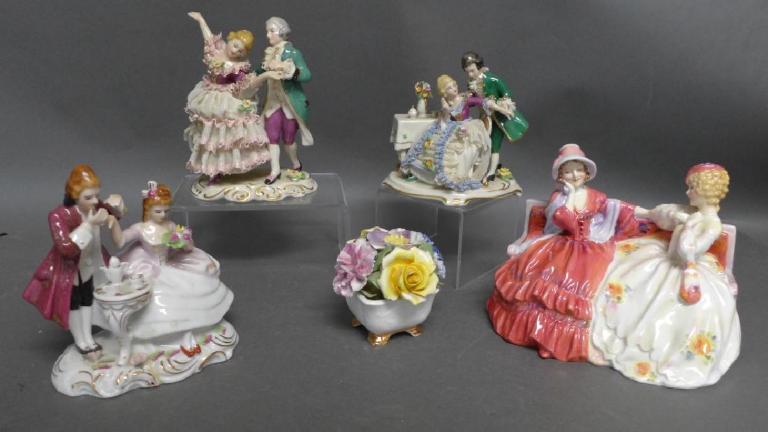 Porcelain Figurine Assortment: Collction of five porcelain figurines. Includes: 2 Frankenthal porcelain lace figurines made in Germany, Royal Doulton "The Gossips" made in England, Arnart hand painted figurine and Liverpool Road Bo