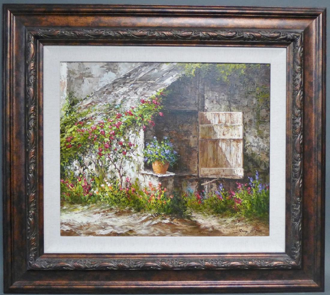 Sang H. Han, Korean (1958- ): Floral exteroir. Oil on canvas artist signed on lower right. Height: 32 1/2", Width: 36 1/2" &Image Size: Height: 19 1/2", Width: 23 1/2" (fine art, O/C ) STERLING ASSOCIATES STRIVES TO PROVIDE ACCURA