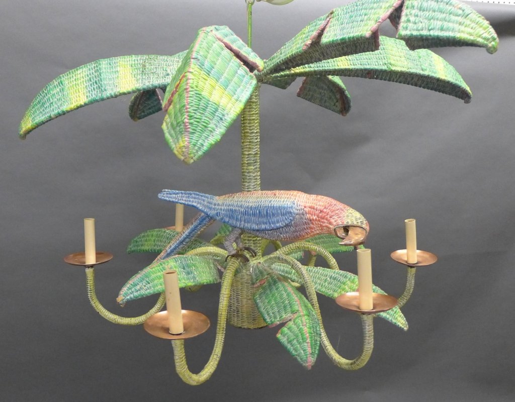 Painted Wicker Parrot Form Chandelier: Tropical 6 arm painted wicker chandelier in the form of a palm tree with a seated parrot. Comes with extra painted chain. Some imperfections. Height: 28", Width: 34"(modern, lighting, accent piece, in