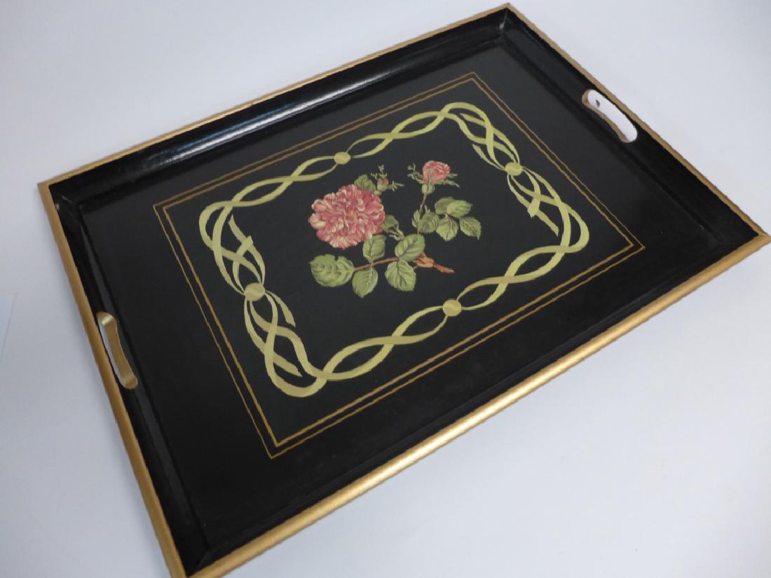 Tiffany & Co. by Sybil Connolly Hand Painted Tray: Hand-painted tray designed by Sybil Connolly for Tiffany & Co. Black tray features a blossom and bud with detailed green foliage and stem, with a ribbon pattern surrounding. Cellulose lacquer finish o