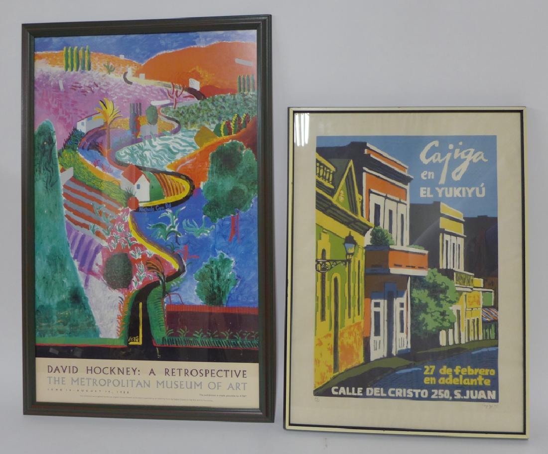 Pair of Art Exhibition Prints: Two framed Art prints. Includes: Luis German Cajiga 1975 Poster Serigraph s. Juan & Framed Vintage David Hockney 1988 Met Show Poster. features the painting, 'Nichols Canyon' (1980) Height: 41 5/8"; W