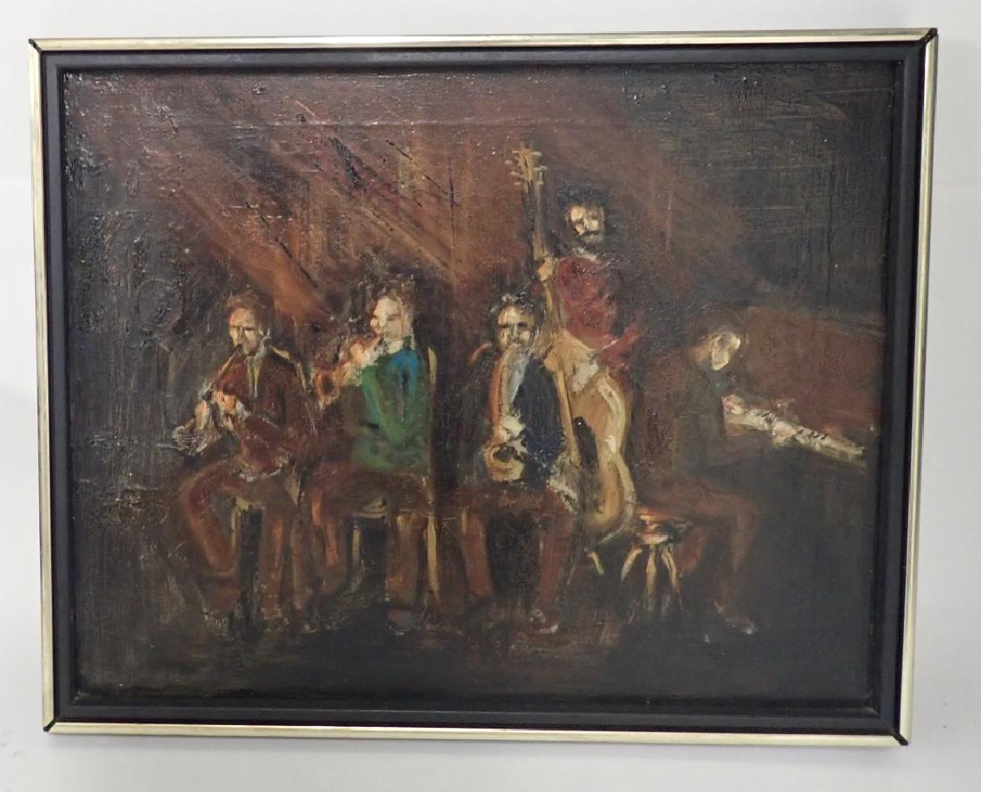 Framed Oil Painting of Jazz Musicians: Oil on canvas. Features musicians. No noticeable signature. Height: 17 1/4"; Width: 21 1/4". Image size: Height: 15 3/4"; Width: 19 3/4". Imperfections, crackling. (music, piano, horns, instruments, b