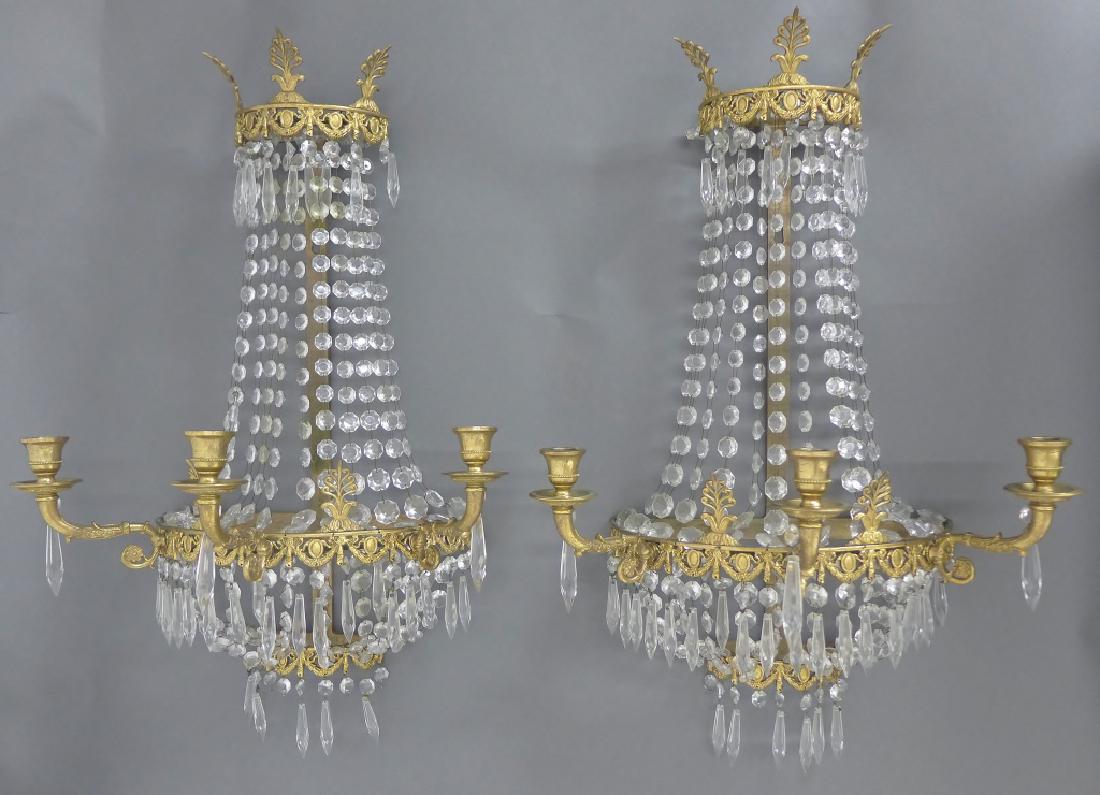 Pair of Crystal and Bronze Three Light Sconces (1 of 5)