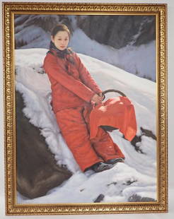 Yidong Wang (China) Large Oil Painting: "Picnic in the Snow", oil on canvas, bears signature "Wang Yidong 1999", oil on canvas, Yidong Wang (born 1955). Height: 52"; Width: 40 1/4". Image size: 46" x 35". Yidong Wang is active/lives in Chin