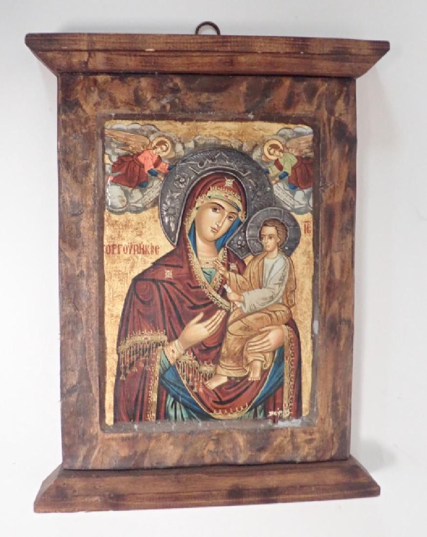 Byzantine Handmade Father Pefkis Icon: Religious icon on wood plaque with base. Silver Accents. Features Virgin Mary with child Christ. Certificate & Stamp on back. Certificate Label on back reads in part "The Icon is exact copy of the str