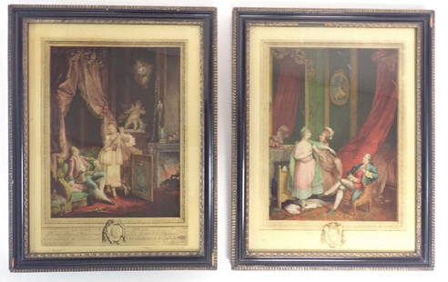 Pair of Antique Print Transfers: Colored antique prints. Includes: French Line Engraving "Le Petit Jour" and after Pierre Antoine Baudouin - Le Carquois Epuise. Imperfections. Height: 14 1/2"; Width: 11 3/8". STERLING ASSOCIATES STRI