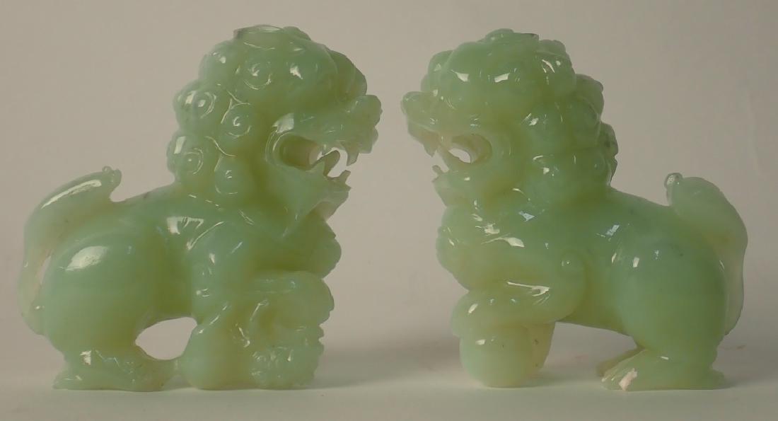 Pair of Chinese Carved Jade Green Foo Dogs / Lions (1 of 8)