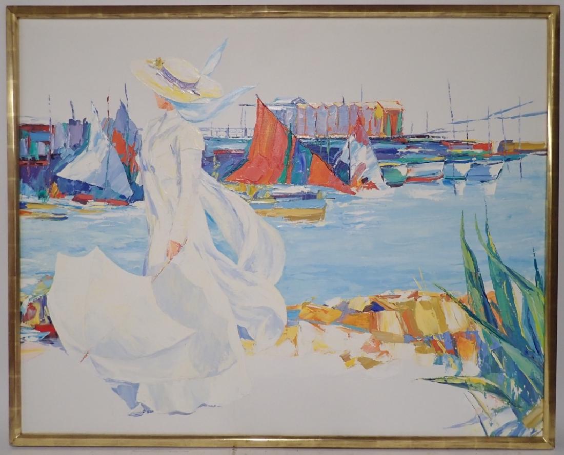 Large Unsigned Painting of Harbor Scene (1 of 9)